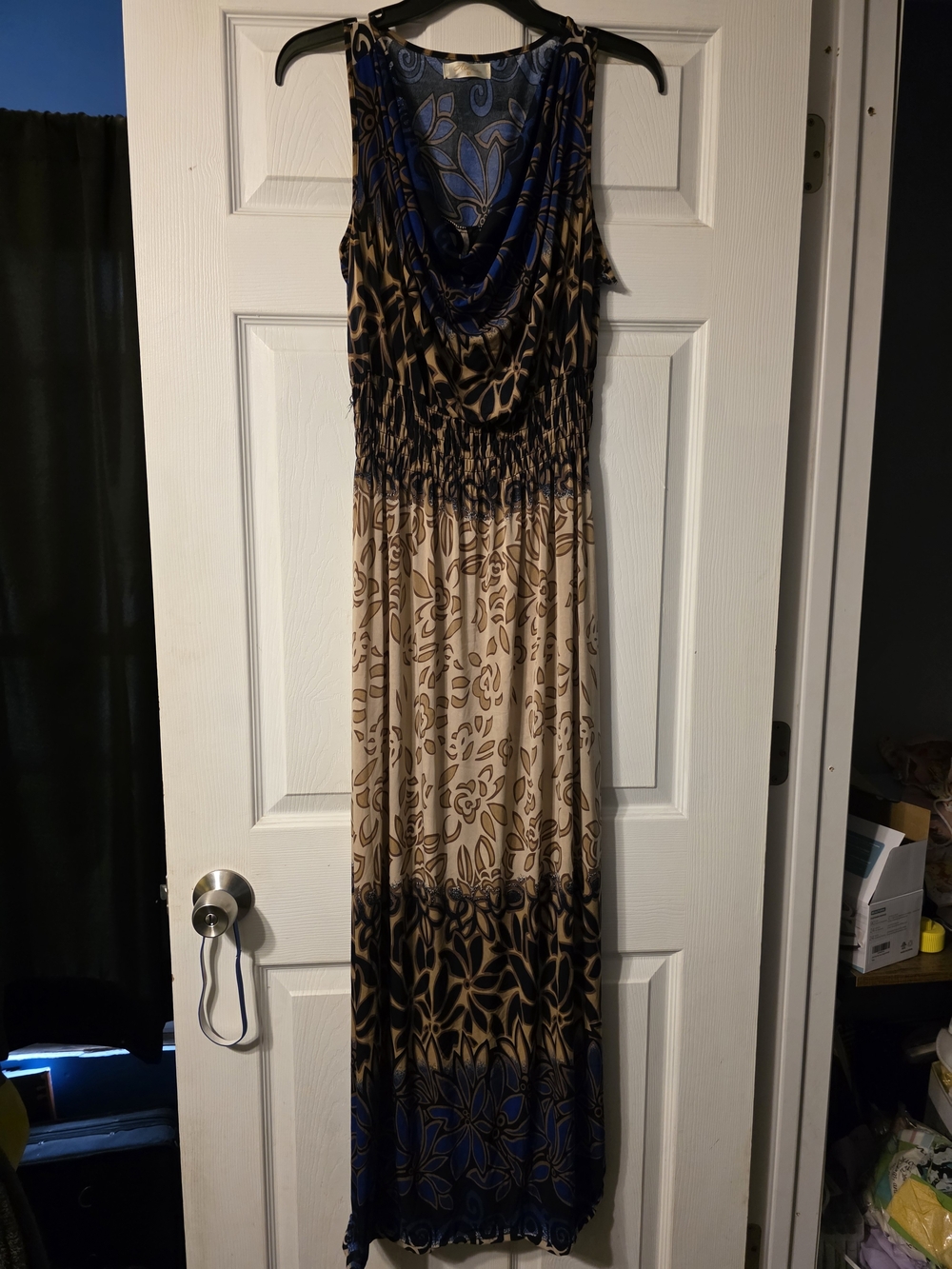 Sleeveless Blue and Beige Floral Maxi Dress